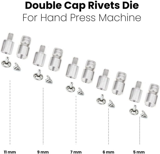 Double Cap Rivets Die 5 Sets - 5mm, 6mm, 7mm, 9mm, 11mm Double Capped Rivets Setter Setting Tool Die for Manual Hand Press Machine