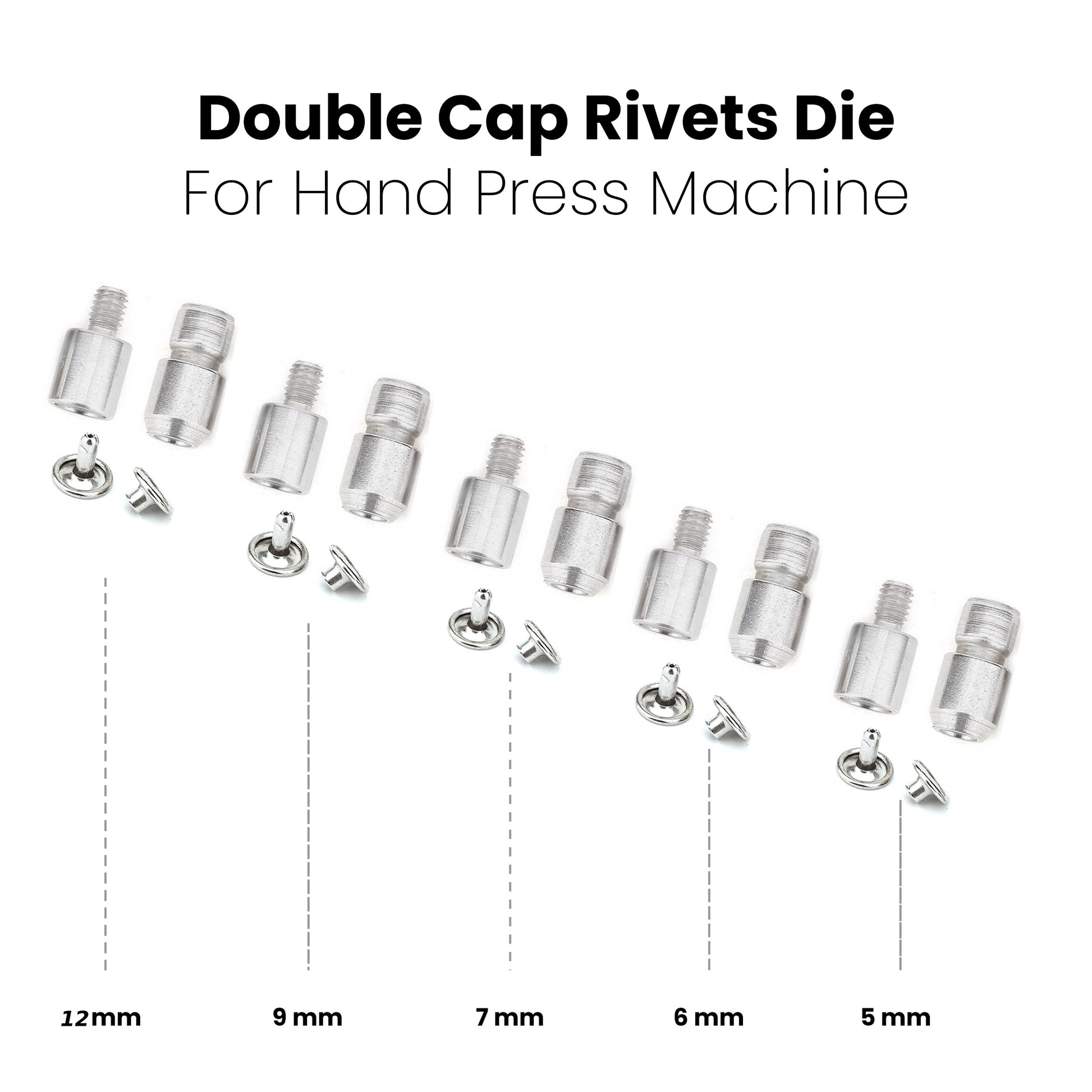 Rivet Press Machine and 5mm, 6mm, 7mm, 9mm, 12mm Double Cap Rivet Dies ...