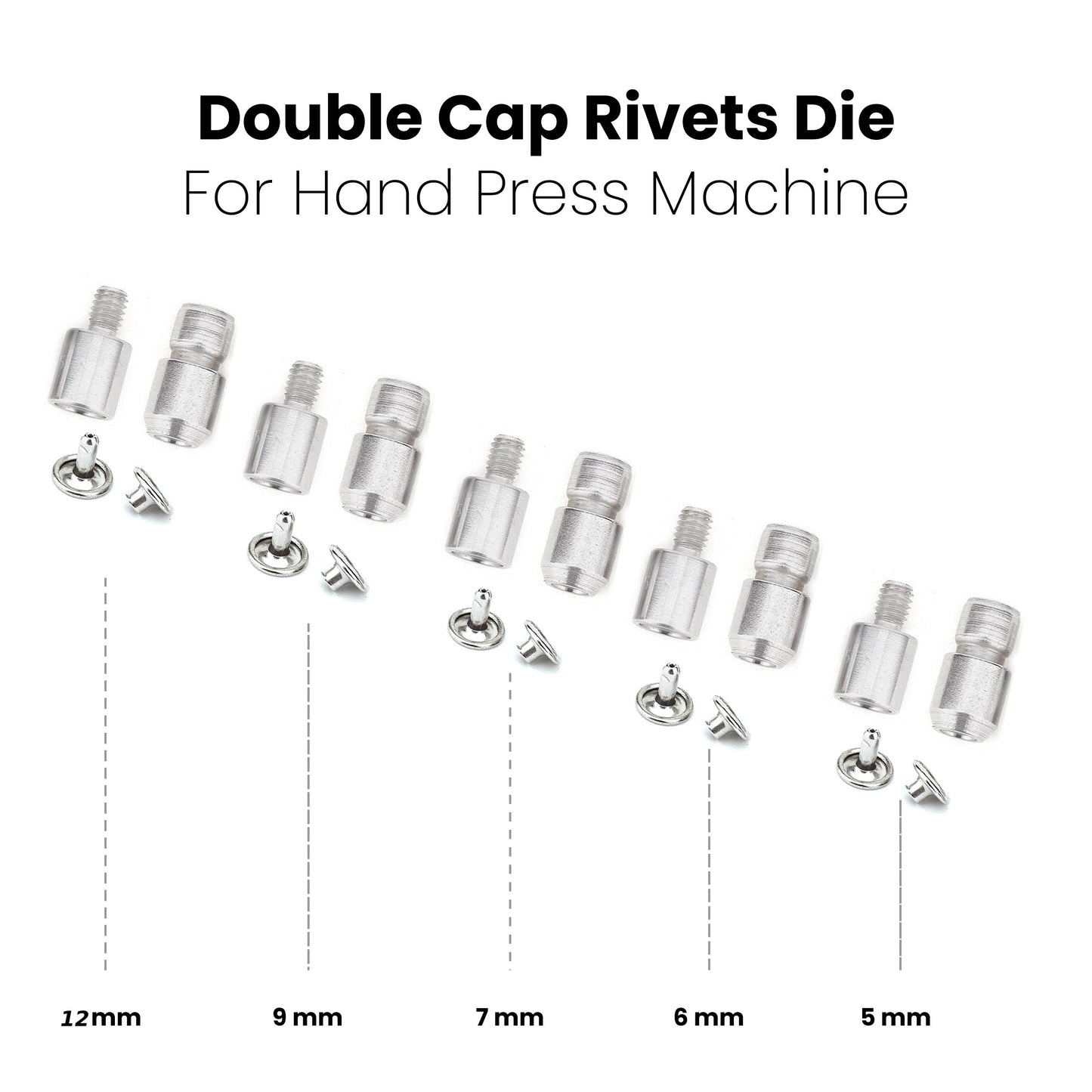 Rivet Press Machine and 5 Sets Double Cap Rivets Die - 5mm, 6mm, 7mm, 9mm, 12mm Double Cap Rivets Hand Press Machine Setter Setting Tool and Hole Puncher Kit