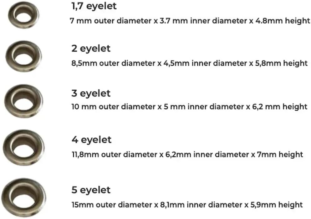 Eyelet Grommet Fastener Dies for Hand Press Machine - 5 sets for 3.5mm, 4.5mm, 5.4mm, 6mm and 7.5mm inner sizes eyelet grommet setting setter dies molds tools