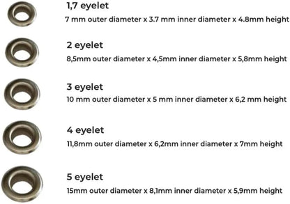 Eyelet Grommet Fastener Dies for Hand Press Machine - 5 sets for 3.5mm, 4.5mm, 5.4mm, 6mm and 7.5mm inner sizes eyelet grommet setting setter dies molds tools