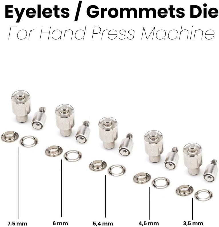 Eyelet Grommet Fastener Dies for Hand Press Machine - 5 sets for 3.5mm, 4.5mm, 5.4mm, 6mm and 7.5mm inner sizes eyelet grommet setting setter dies molds tools