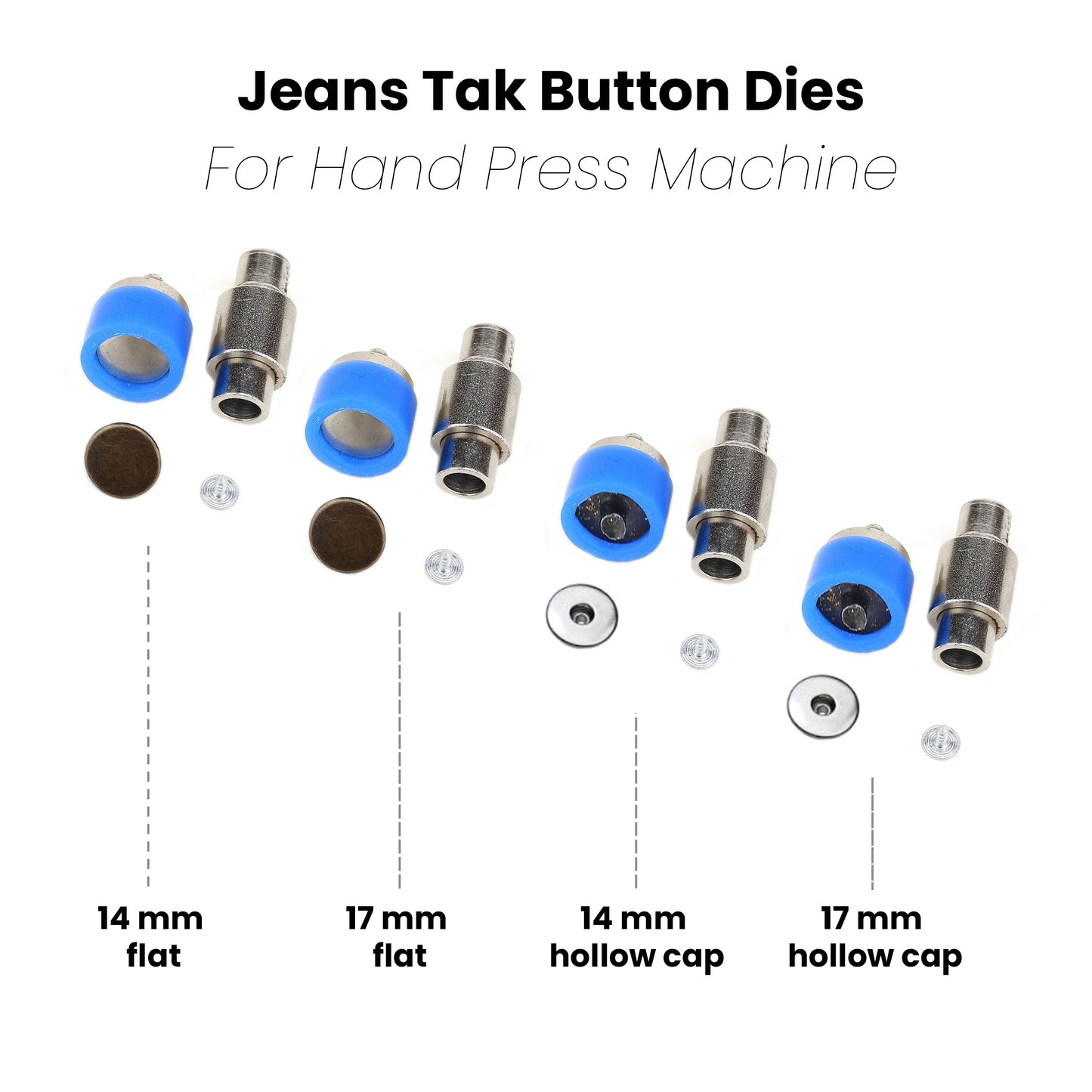 Jeans Button Dies for Hand Press Machine - 14 mm, 17 mm flat and hollow cap jeans buttons setting die tools